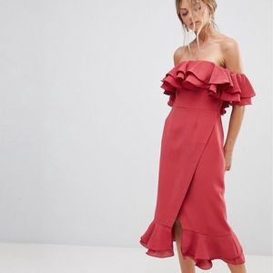 ASOS red ruffle midi dress